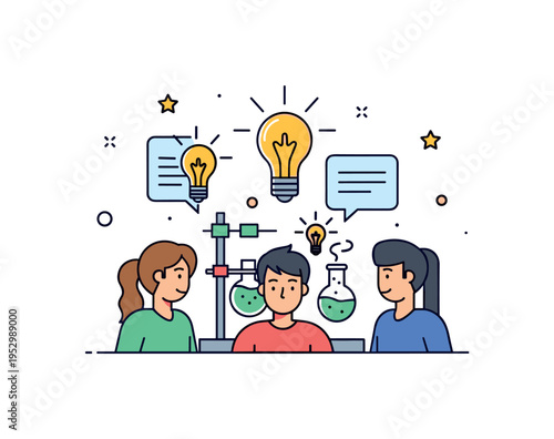 Collaborative lab research concept depicting three students surrounding a central experiment setup with floating idea spark icons, symbolizing shared insight
