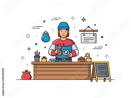 Medieval shopkeeper presenting handcrafted goods on a compact wooden counter, conveying craftsmanship, trust, and small scale commerce in a historic town. A