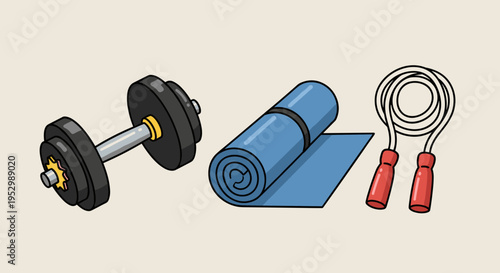 A collection of fitness equipment including a dumbbell, yoga mat, and jump rope in a flat illustration style