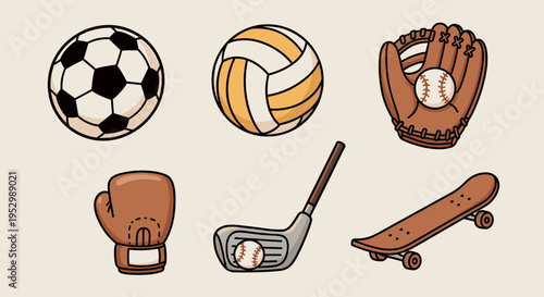 A colorful collection of various sports equipment including soccer, volleyball, baseball, and skateboarding gear in a playful style