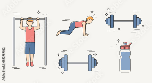 A collection of fitness illustrations featuring various exercises, including pull-ups, push-ups, weights, and a water bottle in a flat style