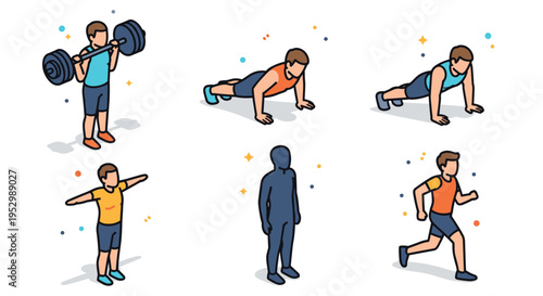 A collection of colorful fitness illustrations featuring various exercise poses in a modern, flat style