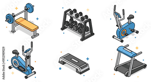 A collection of gym equipment illustrations featuring weights, a stationary bike, and exercise machines in a modern, flat style