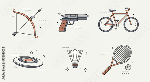 A collection of recreational sport icons featuring a bow, gun, bicycle, and tennis racket in a minimalist style
