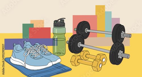 A vibrant illustration featuring sports shoes, dumbbells, and a water bottle in a modern flat style