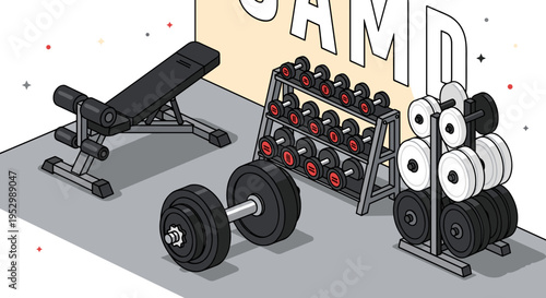 A modern gym scene featuring weights, a bench, and a rack, illustrated in a flat style for fitness themes