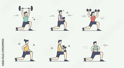 A collection of six fitness illustrations showcasing various weightlifting exercises, featuring a modern flat design style