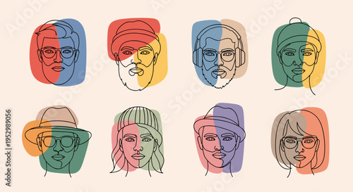 A colorful collection of abstract portraits featuring diverse faces in a modern, minimalist style
