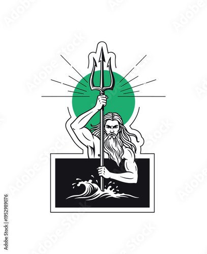 Realistic black and white figure of ocean deity lifting trident from water, bold emerald circular halo centered behind weapon, deep charcoal rectangular base
