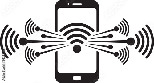 Smartphone with multiple radiating wifi signals, depicting strong wireless connectivity and communication technology