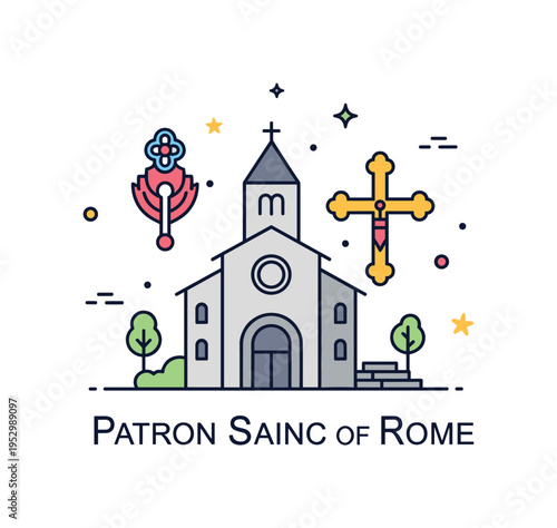 Patron saint of Rome concept featuring a simplified church silhouette paired with key symbols, representing leadership and foundation of faith. The clean