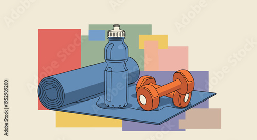 A colorful illustration showcasing a water bottle, dumbbell, and yoga mat in a modern flat style