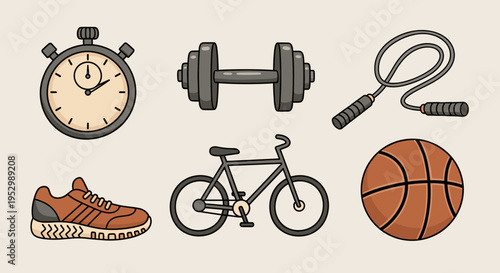 A collection of fitness icons featuring a stopwatch, dumbbells, a jump rope, running shoes, a bicycle, and a basketball in a playful style