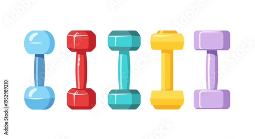 A colorful collection of dumbbells in various shapes and sizes, featuring a modern flat design for fitness themes