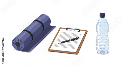A yoga mat, clipboard with a pen, and a water bottle in a modern, flat style, ideal for fitness themes