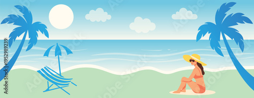 Summer vacation banner template Background with young woman sitting on beach sun, tropical palm trees and blue ocean water bright sunshine for travel advertising and seasonal holiday promotion design