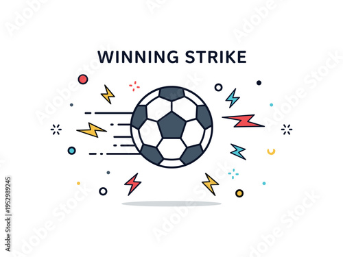 Winning strike badge centered on a soccer ball icon with small lightning accents representing speed, impact, and scoring precision. The clean symmetrical