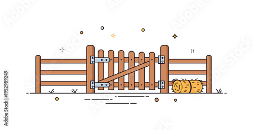 Agricultural livestock pen concept centered on a closed wooden gate with vertical slats and subtle metal hinge accents, representing containment and farm