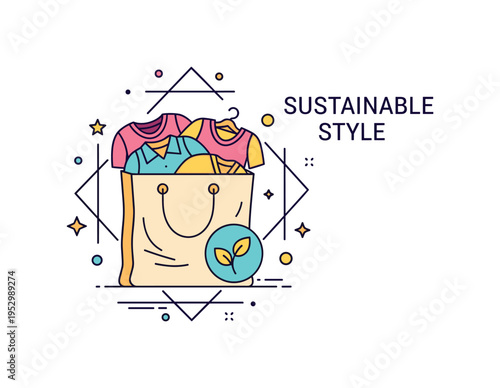 Sustainable style badge centered on a reusable shopping bag filled with pre loved clothing items and a subtle leaf icon representing ethical fashion choices.
