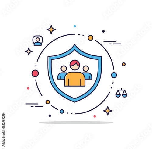 Human rights protection badge circular emblem combining a shield and simplified human figures inside, symbolizing safety, advocacy and legal safeguards.