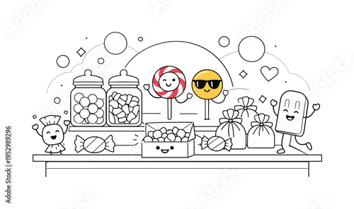 Sweet Shop Interior. Minimal candy shop counter with jars, lollipops, and wrapped treats neatly arranged. Cheerful and inviting mood, enhanced by rounded