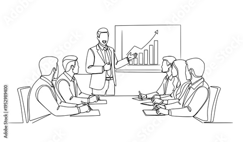 A minimalist line art illustration of a business presentation in a conference room