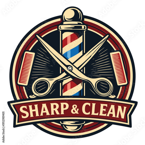 Vintage barber shop logo design with crossed scissors and combs behind a barber pole sharp and clean text banner