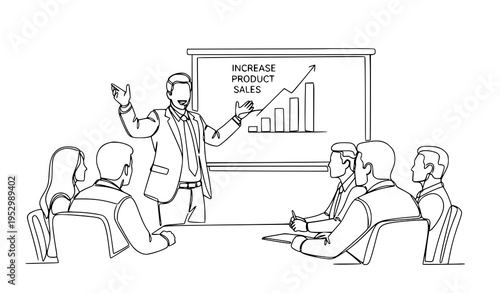 A businessman presenting a sales growth strategy to his team in a meeting