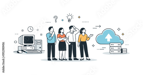 Migration anxiety. A team standing between an old computer and a modern cloud icon, pausing before the transition. Uncertainty, decision-making, and cautious