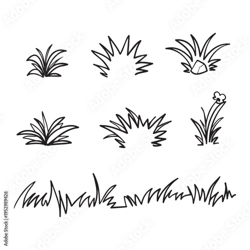 Hand-Drawn Grass and Rock Elements Vector Set for Nature-Themed Illustration Designs