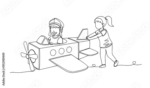 A minimalist line art illustration of two children playing with a cardboard airplane