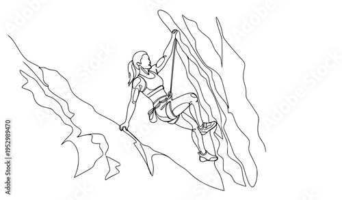 A woman rock climbing on a mountain with a rope and harness