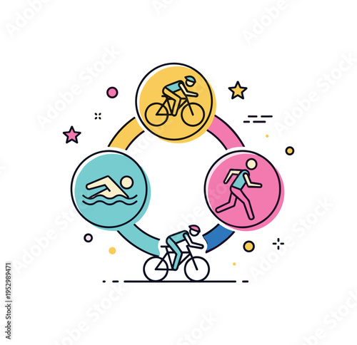 Triathlon endurance challenge emblem centered on three circular icons representing swim, bike and run connected in a loop, expressing balance, versatility and