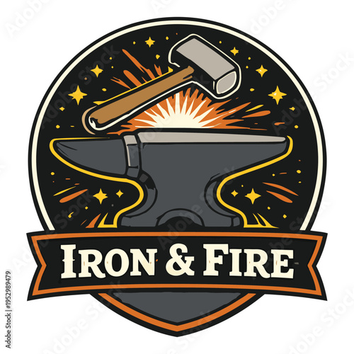 Vintage blacksmith logo design featuring a hammer and anvil with sparks and stars illustration perfect for metalworking and crafting themes