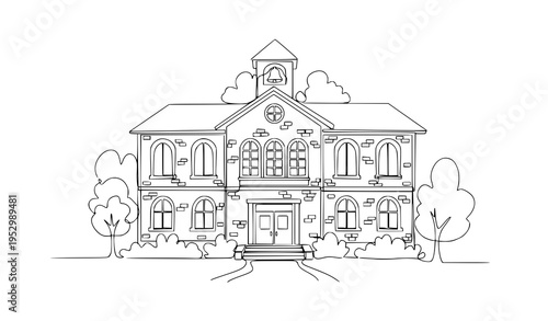 A minimalist line art illustration of a classic school building with trees