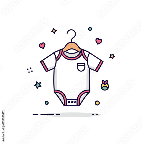 Baby onesie soft cotton infant bodysuit hanging on a small wooden hanger with tiny heart accents nearby, expressing comfort, innocence and everyday childcare