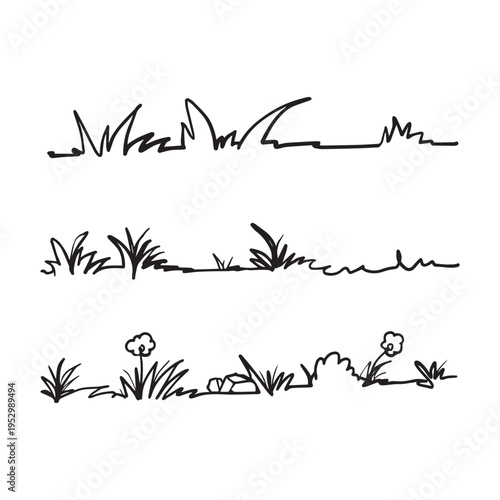 Hand-Drawn Grass and Rock Elements Vector Set for Nature-Themed Illustration Designs