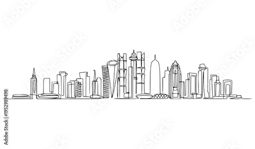 A minimalist line art illustration of a city skyline with skyscrapers