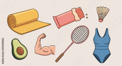 A colorful collection of fitness and wellness icons including an avocado, yoga mat, and swimming suit in a flat style