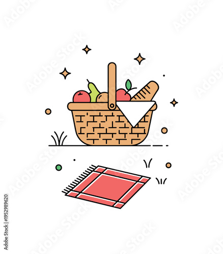 Countryside picnic plan featuring a woven basket with visible fruit and a small blanket icon beneath, suggesting relaxed rural scenery and simple pleasures