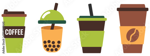 Takeaway, coffee and bubble tea cup set, modern beverage drink icons, cafe drinks vector illustration, smoothie and tea icons, coffee shop design elements, flat vector graphics for menus, apps, and we