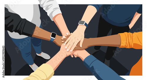 A diverse group of hands joining together in unity, illustrated in a modern flat style, symbolizing teamwork and collaboration