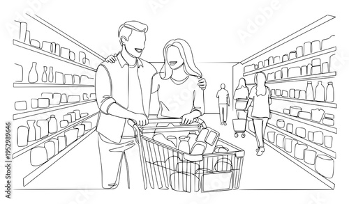 A couple shopping together in a grocery store aisle with a cart