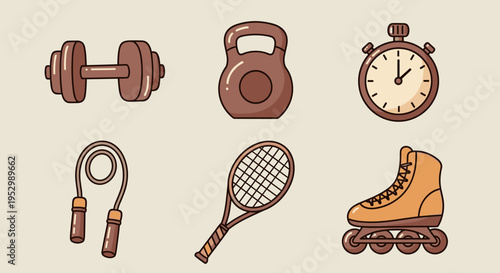 A collection of fitness and sports icons featuring a dumbbell, kettlebell, stopwatch, tennis racket, jump rope, and roller skate in a playful style