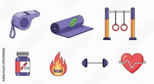 An illustration featuring fitness and health-related items in a flat design style, ideal for wellness themes