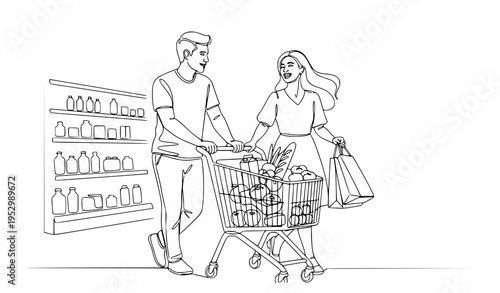 A minimalist line art illustration of a couple shopping together