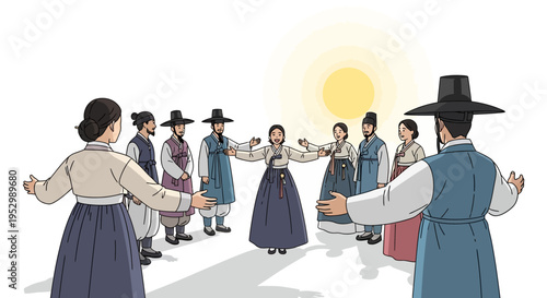 Korean traditional dance circle with traditional clothing and sun