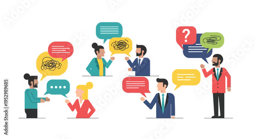 Diverse people communicating with speech bubbles, ideas and questions