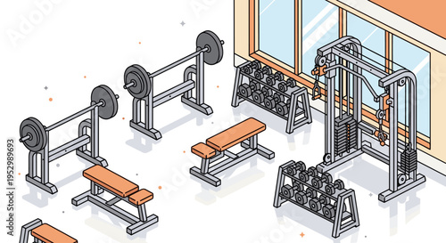 A modern gym interior featuring various workout equipment in a minimalist style, perfect for fitness and health themes