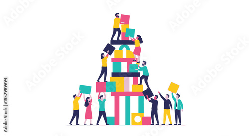 Teamwork building tower of blocks, collaboration, success, strategy, business concept